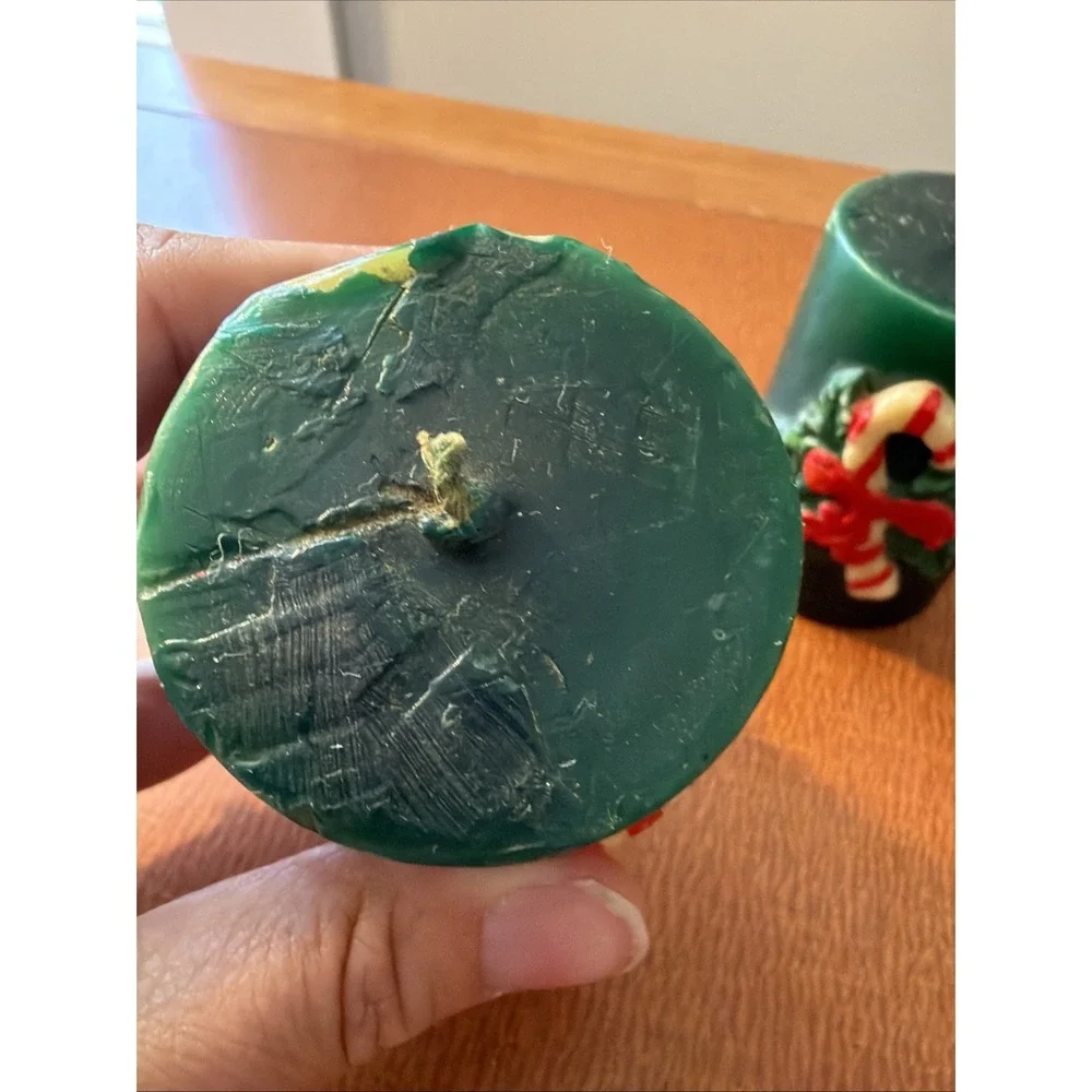 Vtg Pair Christmas Small Green Pillar Candles  Candy Canes 3